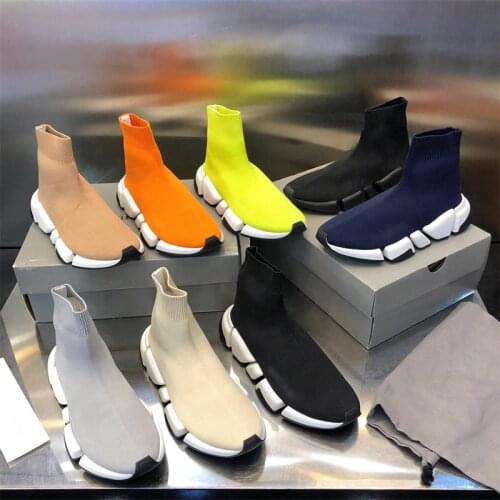 High Quality Women Socks Boots Flat Platform Solid Ankle Couple Shoes Round Toe Stretch Fabric Ladies Luxury Design Shoes Men