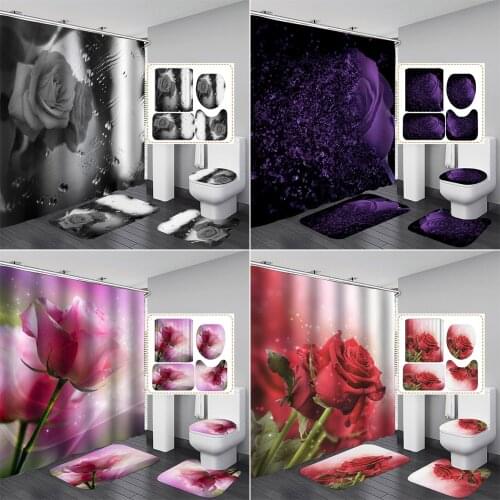 Rose Shower Curtain Bathroom Curtains Set Beautiful Flowers Non-Slip Rugs Toilet Lid Cover Mat With 12 Hooks Home Decor