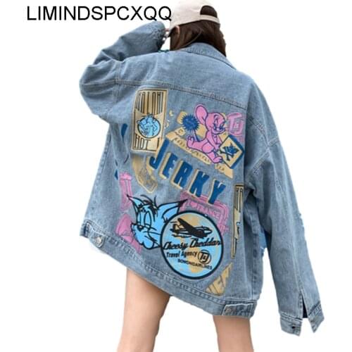 Spring Women Cartoon Print Denim Jacket Hip Hop Pocket Long Sleeve Jeans Female High Quality Harajuku Oversize Loose Jeans Coats