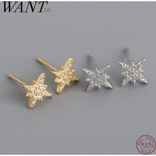 WANTME Genuine 925 Sterling Silver Stylish Octagonal Glitter Star Stud Earrings for Women Pave CZ Party Jewelry Accessory Gift