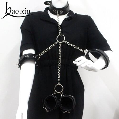 Women Vintage Goth Faux Leather Collar Metal Chain Necklace Set Sexy Gothic Harness Harajuku Punk Bondage Statement Choker Set
