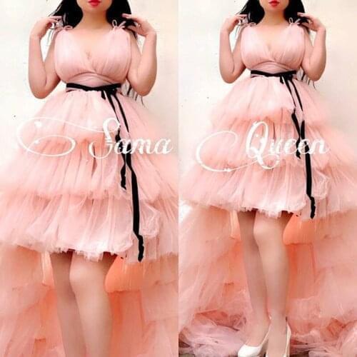 2021 Pink High Low A-Line Evening Dress Ruffles Tiered Sexy V-neck Tutu Prom Dress Wedding Evening Dress L4246