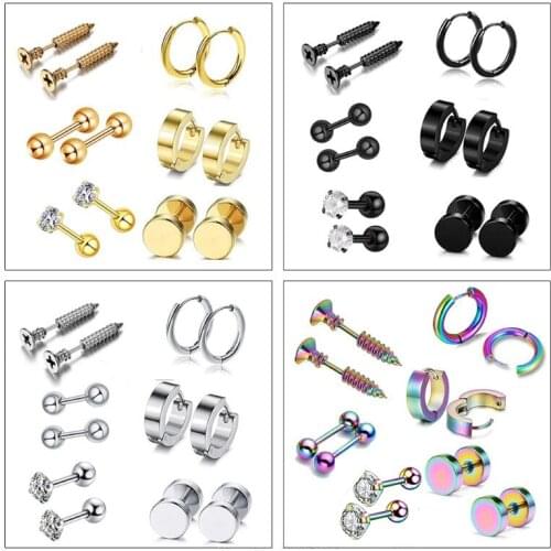 6 Pairs Punk Stainless Steel Ear Stud Earrings Screw Barbell Piercing Earrings Men Gothic Hip Hop Unisex Earrings Women Jewelry