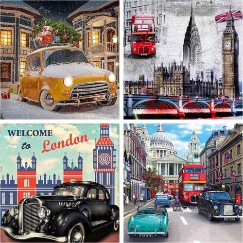 Full Drill Round 5d Diamond Painting Car Scenery Diamond Embroidery Street Build London Rhinestone Art Home Wall Decor Gift