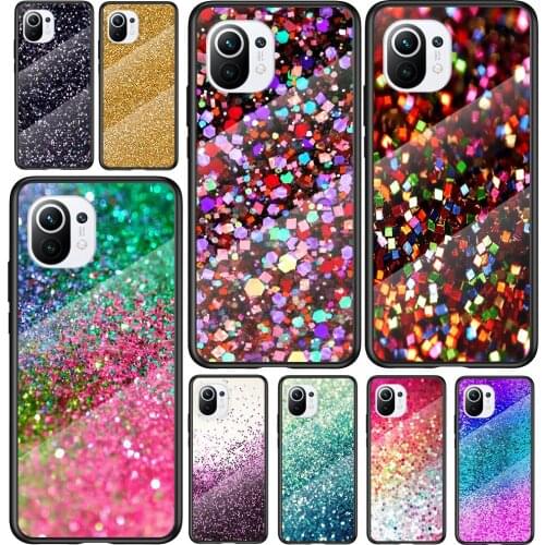 Tempered Glass Cover Glitter Sand printing art For Xiaomi Mi 11 11i 10T CC9E CC9 9T Note 10 Ultra Pro Lite 5G Phone Case