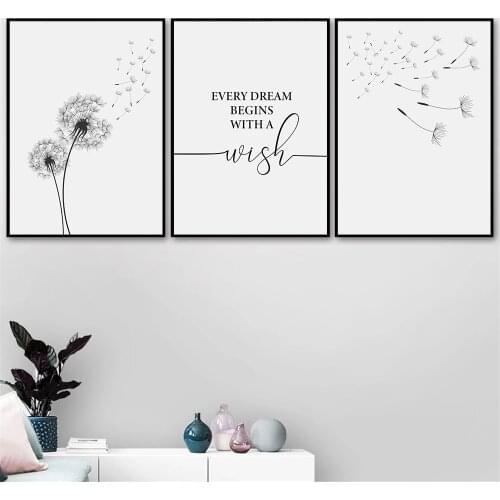 Black And White Canvas Painting Abstract Dandelion Wall Art Poster Print Quotes Paintings Nordic Wall Pictures Living Room Decor