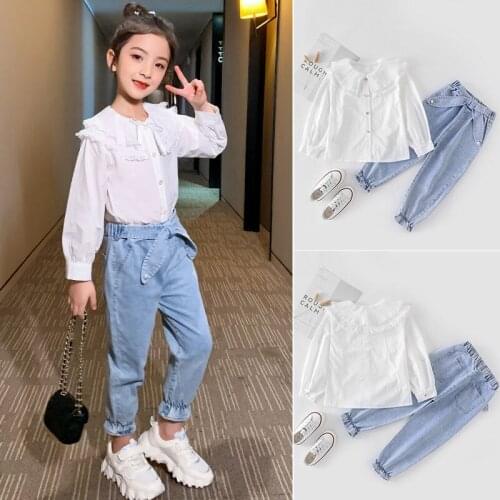 2021 Spring Autumn 2PCS Children Suit Fashion Toddler Kids Baby Girls Clothing Set Shirt Tops + Jean Denim Pants Outfits D481