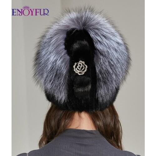 ENJOYFUR fashion winter fur hats for women real mink fox fur girl knit beanies rose rhinestone female warm casual gorros bonnets