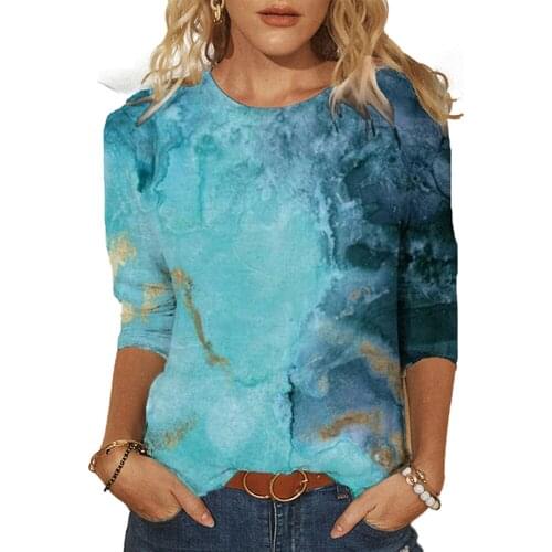 Womens 3/4 Sleeve Shirt Summer Casual Color Contrast T-shirt Abstract Printed Round Neck Pullover Tops S-5XL LXH