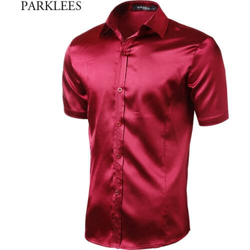 Smooth Silk Satin Shirt Men 2020 Brand New Short Sleeve Mens Dress Shirts Casual Slim Party Wedding Prom Shiny Chemise Homme XXL