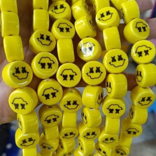 10pcs Diameter16mm Thick10mm Round Yellow Smile Face Ceramic Beads DIY Loose Spacer Bead For Jewelry Making Bracelet Necklace