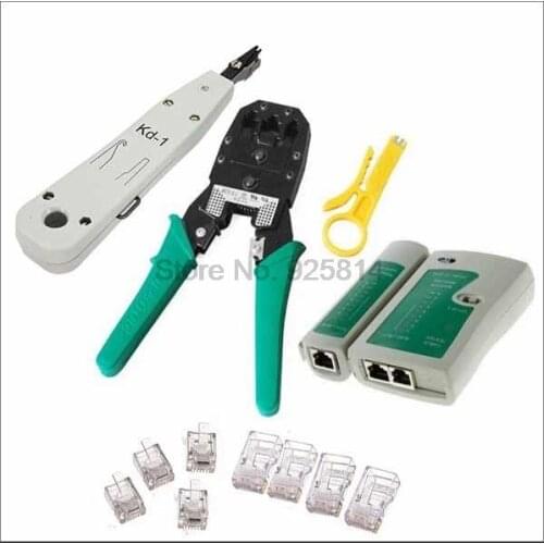By dhl or ems 50 pieces RJ45 RJ11 RJ12 CAT5 LAN Network Cable Networking Tester Included ,Network Punch,Crimper Tools Kits