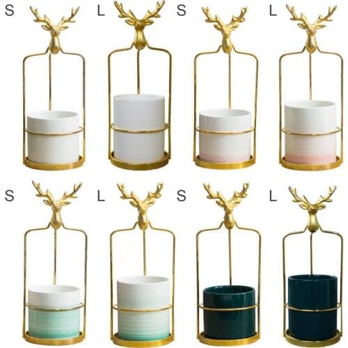 Flowerpot Sturdy Decorative Ceramic Deer Head Iron Frame Plant Pot for Garden