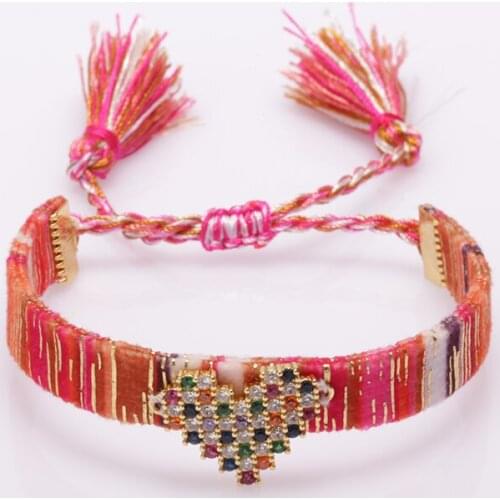 Rainbow mix cz pave gold heart love charm beads bohemia boho cotton silk wristband adjustable bracelet for woman gift for her
