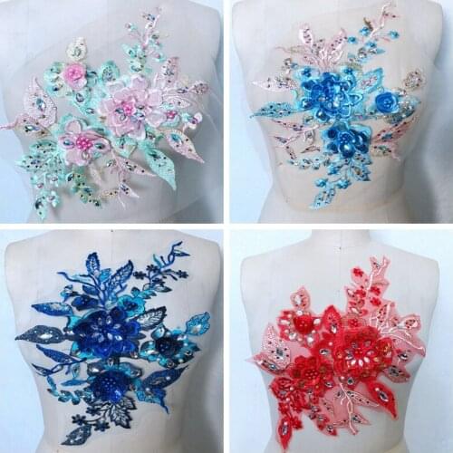 Handmade color Hot drilling Rhinestone pearl lace embroidery patch applique wedding dress bordados DIY Performance clothing