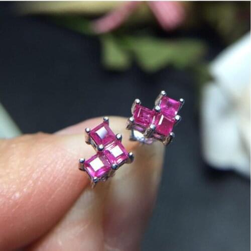 Natural Ruby stud earring Free shipping Jewelry Natural real Ruby 925 silver Gem size 3*3mm 3pcs