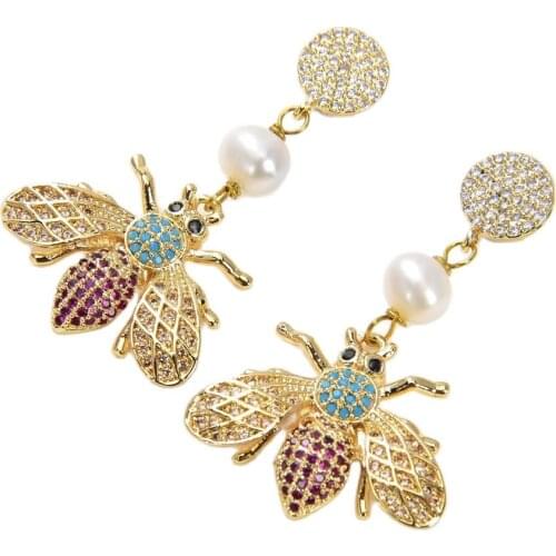 JK White Pearl Mixed Color Insect CZ Stud Earrings