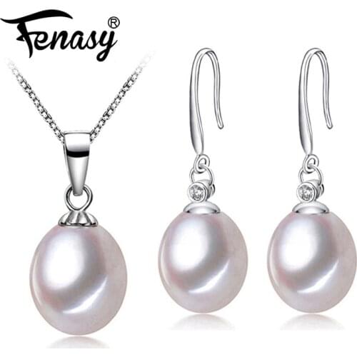 FENASY Natural Pearl Jewelry Sets 925 Sterling Silver Natural Pendant Necklace For Women Custom Dangle Drop Earrings Set Wedding