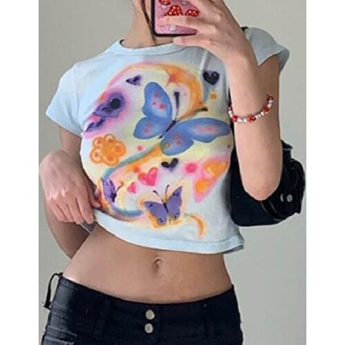 Butterfly Tie Dye Print Crop Top Women Ladies Wild Casual Slim Fit T-Shirt Short Sleeve Round Round Stylish Shirt for Shopping