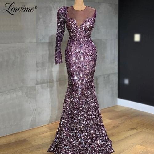 Illusion Purple Sequin Evening Dress Arabic One Shoulder Mermaid Party Gowns 2019 Custom Made Long Prom Dresses Robe De Soiree