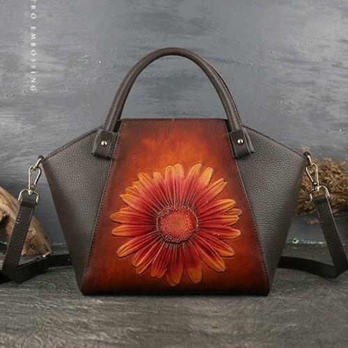 2021 Spring New Handmade Embossing Genuine Cow Leather Women Bag Vintage Large Capacity Ladies Handbag Shoulder Messenger Bags