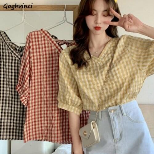 Shirts Women V-neck Plaid Loose Elegant Ulzzang Simple All-match Tops Leisure Soft Trendy Chic Daily Office Ladies New Blouses