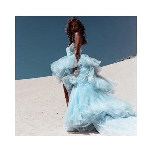 New Arrival Light Blue Tiered Ruffled Long Tulle Dresses Women 2021 Elegant Strapless Side High Split Party Prom Gowns vestito