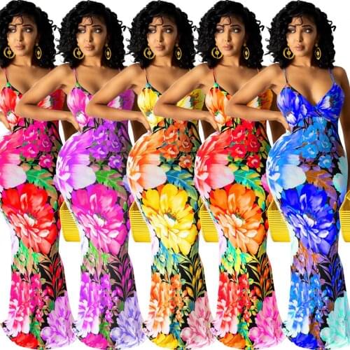 Women Sexy V-neck Floral Print Mermaid Dress Summer Sleeveless Spaghetti Strap Long Maxi Dress Vintage Vacation Clothes Robe