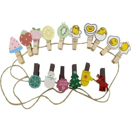 10packs/lot cute Mr. egg fresh fruit merry christmas three styles DIY multifunction wooden clip with rope bag clip wholesale