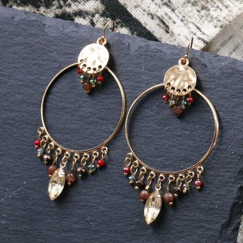 Acrylic Rhinestone Crystal Beads Golden Big Round Circle Rings Dangle Hanging Drop Earrings for Women Jewelry Accessories Gifts