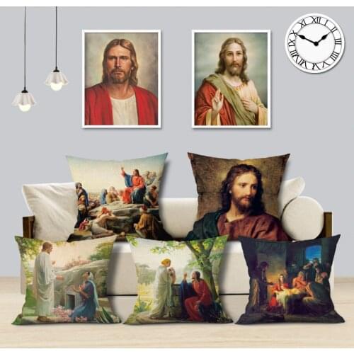 Religious Belief Decorative Pillowcase Jesus Christ Oil Painting Art Cushion Cover 45x45CM Linen Pillow Cover for Home Decor