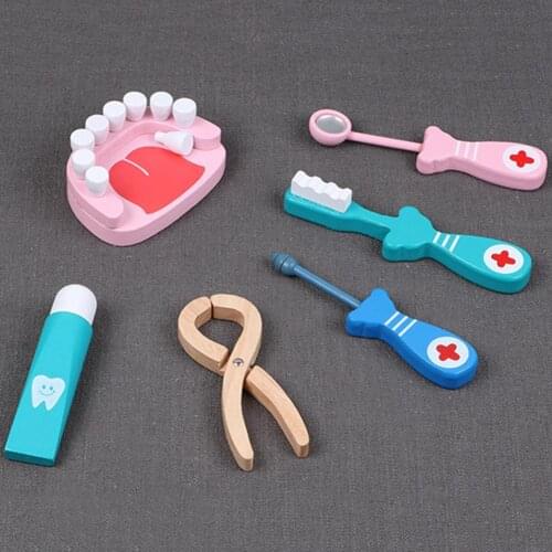 Wooden Role Play Dentist Doctor Dental Teeth Model Tools Set Children Game Toy