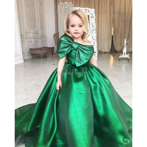 Elegant Green Gowns Girls Pageant Dresses Sleeveless Formal Kids Party Gown Flower Big Bow Girl Dresses for Weddings