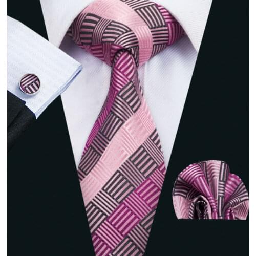 FA-1473 2018 Best Fashion New Mens Tie Pink Striped Silk Jacquard Necktie Hanky Cufflinks Set For Business Wedding Party