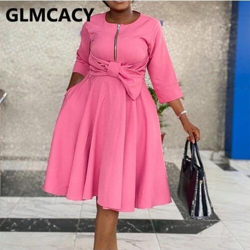 Half Sleeve Zipper Front Sweet Miid Dress Elegant Office Ladies Work Dresses