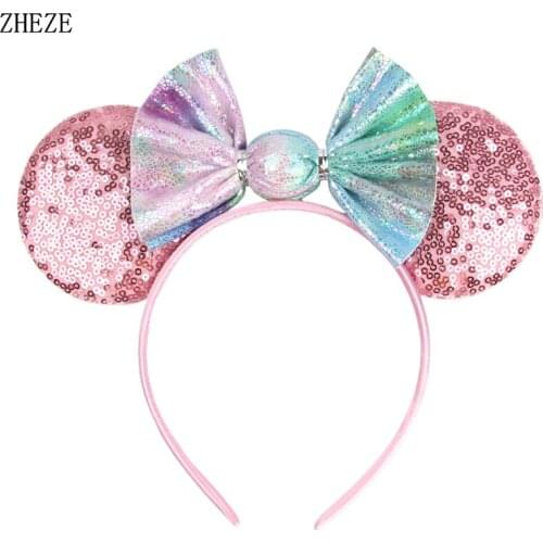 Trendy New Arrival Christmas Rainbow Leather Padded Candy Hair Bow Sequins Mouse Ears Hairband Festival Women Headband Headwear