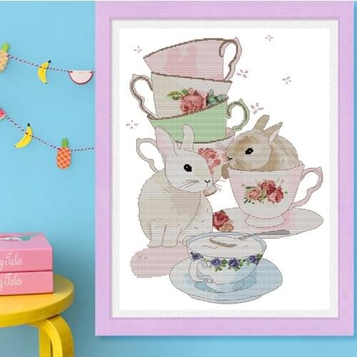 Lovely mouse and cup Painting Cross Stitch Kit 14CT Printed Canvas for Embroidery Kit 11CT DIY Needlework DMC Floss Cross Stitch