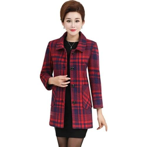 New 2021Women Woolen Coat Autumn Winter Middle-Aged Slim Woolen Jacket Female Mid Long Lattice Plus Size 4XL Woolen Outerwear