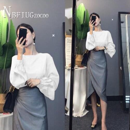 Lantern Sleeve Solid Color Blouse And Irregular Skirt Women Sets Mature Female Suits