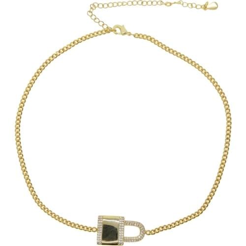 32+8cm choker necklace Gold fiiled Miami cuban link chain cz lock pendant Rock Punk unique women collar chain necklaces