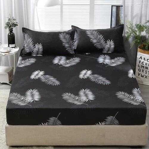 36 3pcs Fitted Sheet with Pillowcase Set Black Leaf Printed Single Queen Size Mattress Protector Cover Bottom Sheet for King Bed