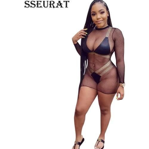 SSEURAT Sexy Mesh Dress Perspective Women Bodycon Long Sleeve Dresses Women Clubwear Dress 3 Piece Set Vestidos