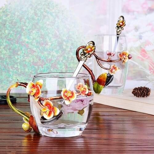 Peach Blossom and Rhinestones Decorated Enamel Coffee Cup Mug Flower Tea Glass Milk Cups Alloy Handgrip Cups and Mugs Gift