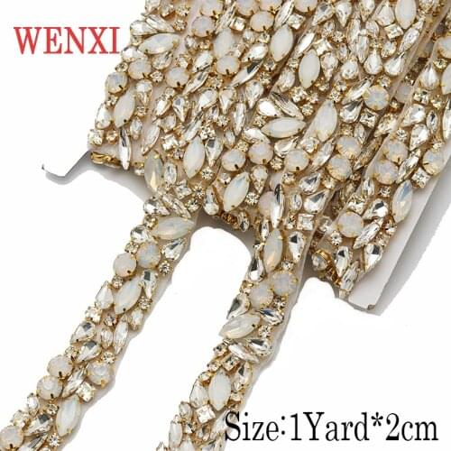 WENXI 5YARDS Wholesale Sparkle Crystal Rhinestone With opal For Wedding Sash Clear Silver Crystal Rhinestone Applique WX920