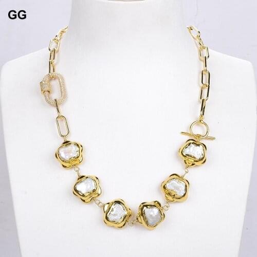 GuaiGuai Jewelry Natural Cultured White Keshi Flower Pearl Gold Plated Chain Necklace 20" CZ Clasp For Women