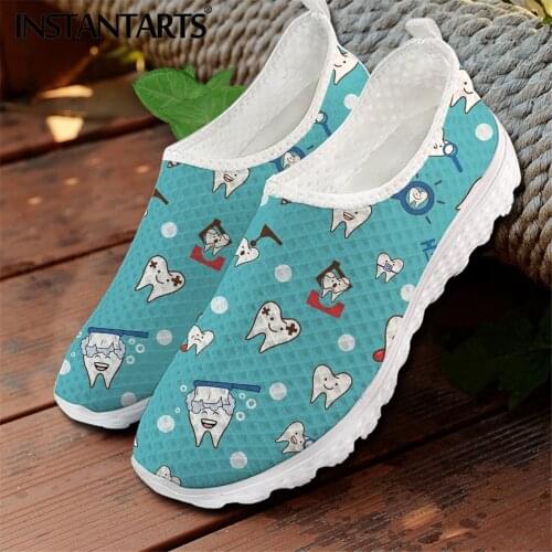INSTANTARTS Lovely Tooth With Toothbrush Cartoon Pattern Women Flat Shoes Breathable Mesh Sneakers Summer Slip-on Loafers 2021