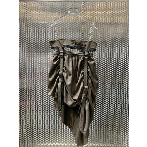 New 11.25 Autumn Winter Fashion Ruched Asymmetrical Women Temperament Sleeveless Chain Spaghetti Strap Dress