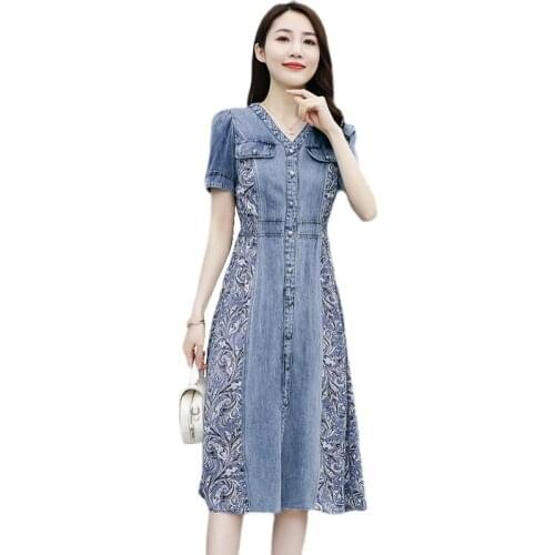 Temperament Women Summer Denim Print Dress Korean Style Fashion Lady vestir New Elegant Slim Big Size Dresses OK850