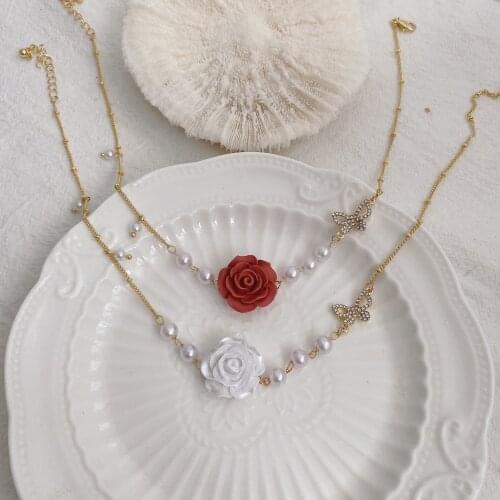 Design Korean Fashion Red Rose Pendant Necklace For Women Simulated Pearls Flower Beaded Chokers Necklaces Statement Accessories