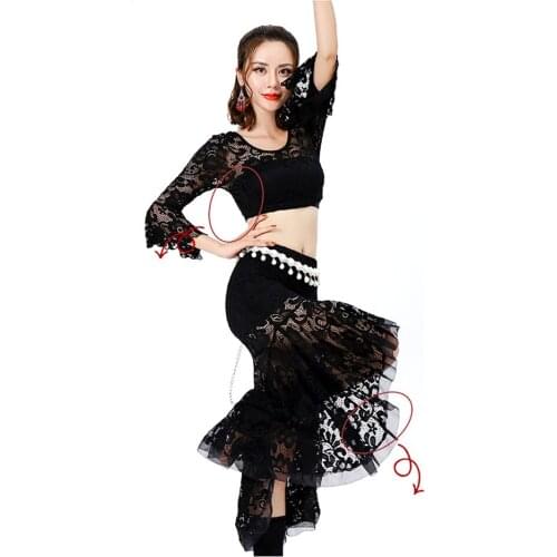 Lace Patchwork Lotus Sleeve Sexy Belly Dance Dress Women Tops Lace Long Design Skirt Dancing costumes for Performamnce 58058